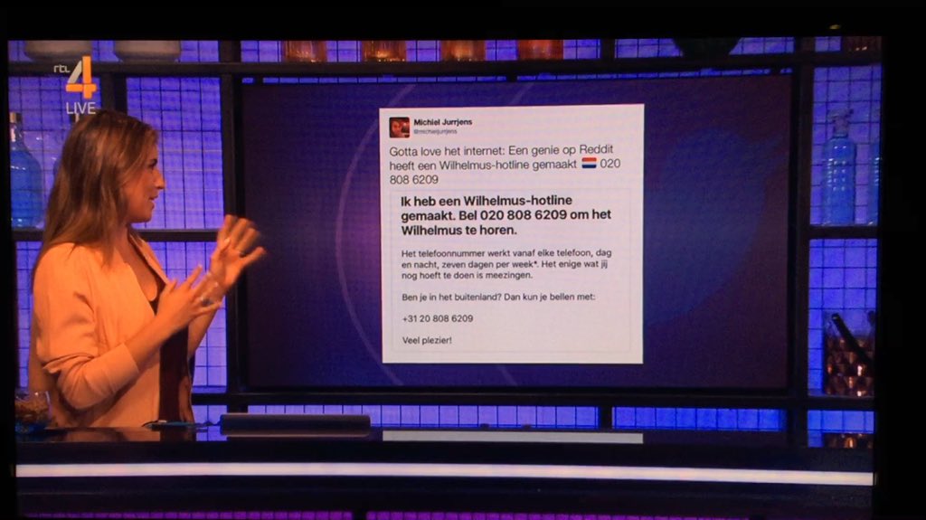 Photo of a TV showing RTL 4, showing the tweet, showing the reddit post, showing the hotline